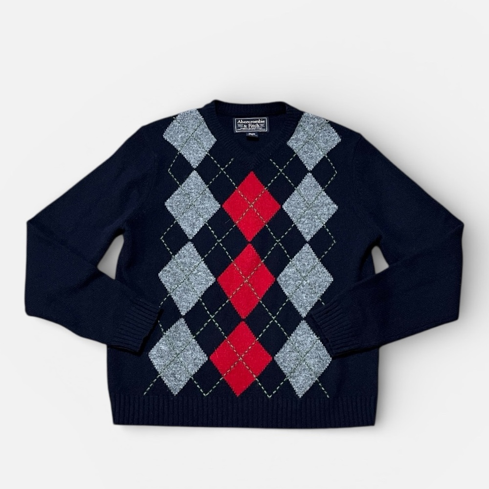 Abercrombie & Fitch 100% Wool Argyle V-Neck Sweater in Red, Black, Gray Size M